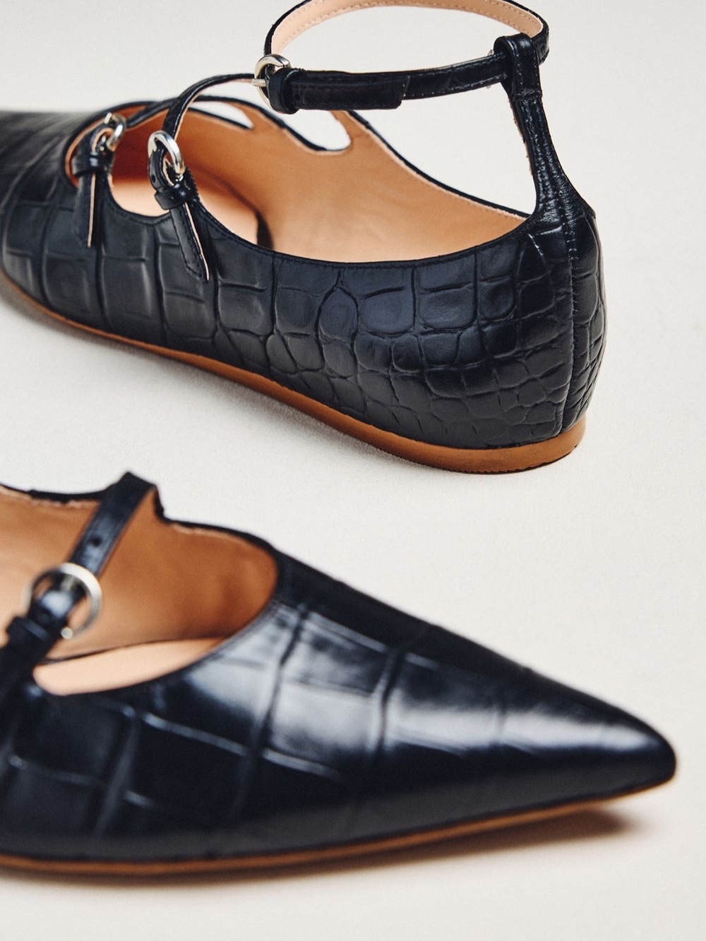 Anthropologie Black Croc-Embossed Pointed T-Strap Flats - Picture 3 of 6